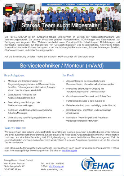 TEHAG-Stellenangebot Servicetechniker