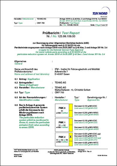 Qualité et service : Rapport d'essai TÜV-NORD sur l'application d'un ABE pour filtres à particules