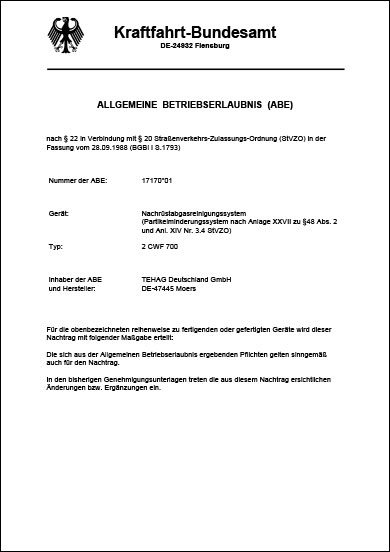 Qualité et service : "Kraftfahrt-Bundesamt" (Autorité fédérale des transports motorisés) - ABE CWF-700 Filtre à particules