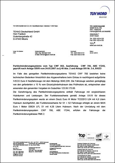 Qualité et service : Contrôle de fonctionnement TÜV-NORD Systèmes de filtration TEHAG