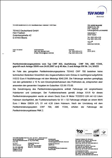 TÜV-NORD Functional verification of TEHAG filter systems