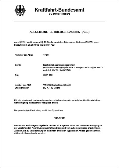 Quality and service: Kraftfahrtbundesamt attestation ABE CWF-850 Particulate filter