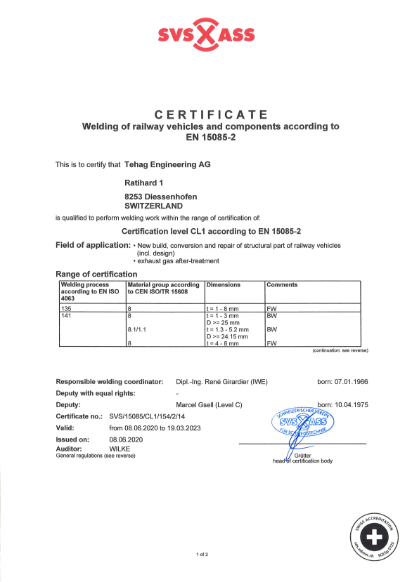 Quality and service: SVS Certificate - TEHAG Engineering AG